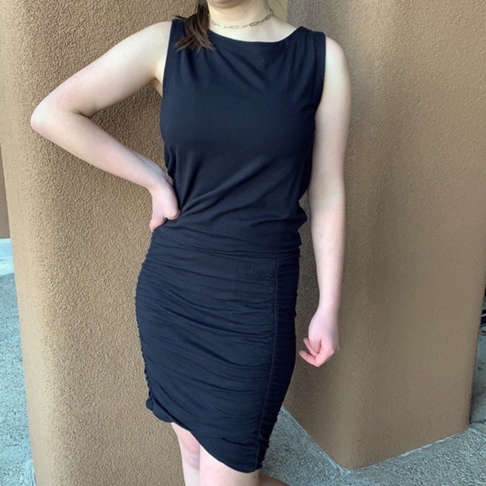Athleta Black Ruched Tulip Hem Midi Dress Small Stretch Modal Travel Work